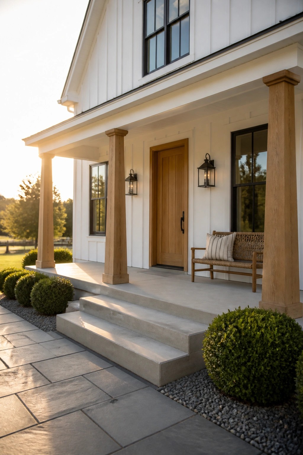 White farmhouse porch with wooden columns, door, bench, and concrete steps.