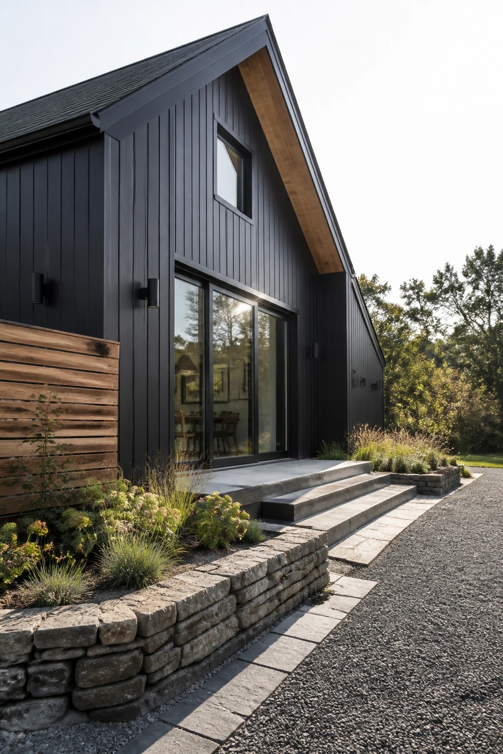 A modern farmhouse exterior featuring black vertical siding, wood accents under the gable, large glass doors, a stone retaining wall, and a gravel driveway.