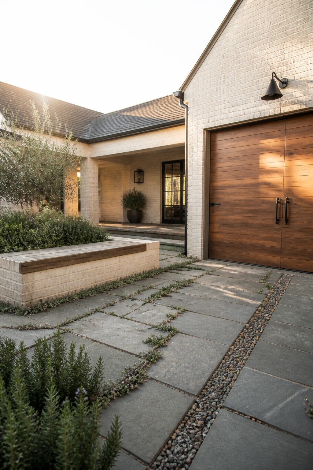 A white brick minimalist farmhouse with a large wooden garage door, stone paver driveway edged in gravel, and low landscaping along the sides.