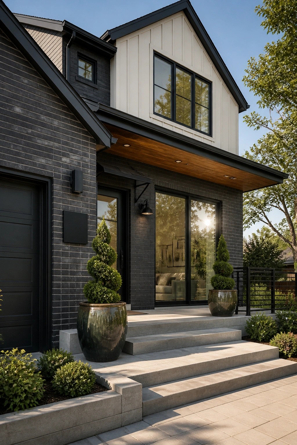 A two-story modern farmhouse exterior with dark gray brick on the lower level, white siding on the upper gable, black-framed windows, and concrete steps leading to the front door.