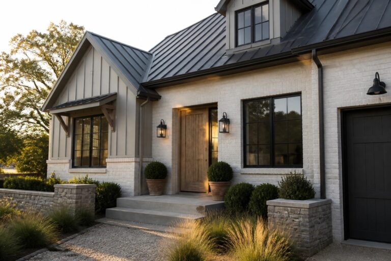 A modern farmhouse exterior with light brick walls, white siding, black metal roofing, black window frames, and a wooden front door.
