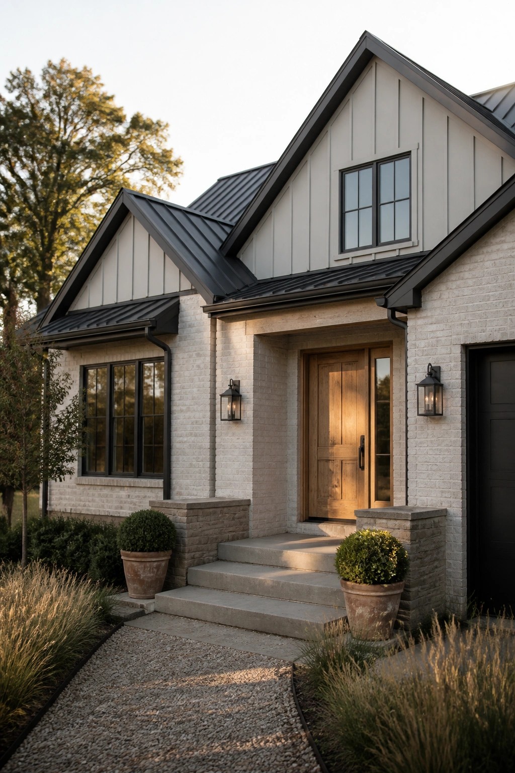 A modern farmhouse exterior with light brick walls, white siding, black metal roofing, black window frames, and a wooden front door.