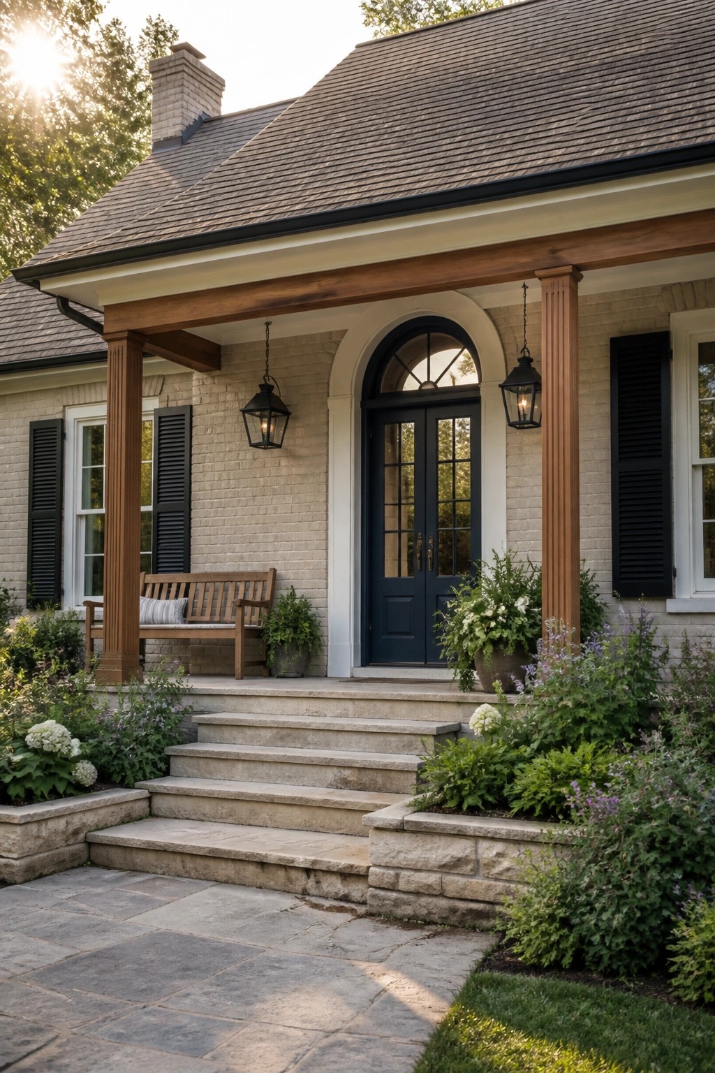 A light brick house exterior with a navy blue arched double door, wooden porch columns, black shutters, and stone steps flanked by greenery.