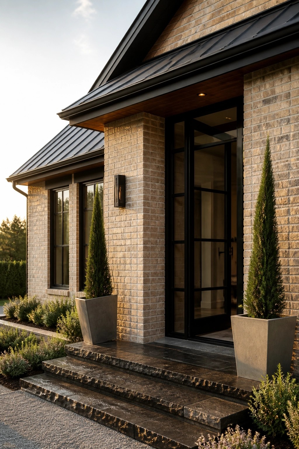 Front view of a brick house entrance with light tan brick, black metal roof, black-framed glass doors, and concrete planters holding tall shrubs on dark stone steps.