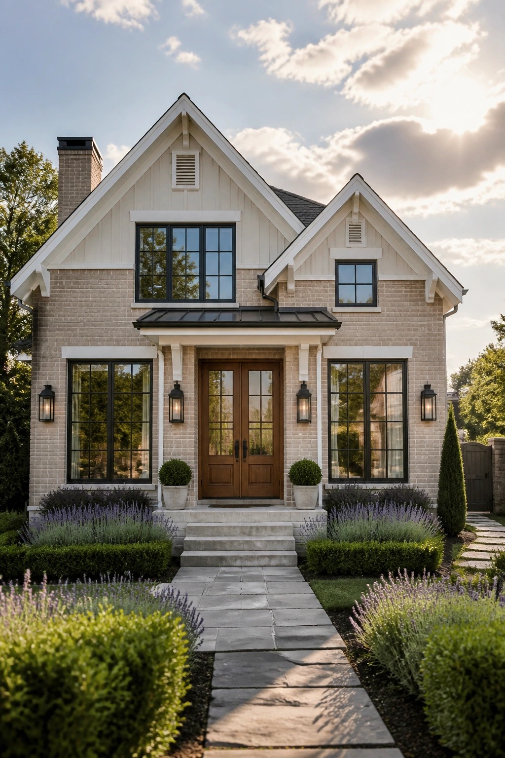 Front view of a two-story modern farmhouse with light beige brick, white trim, black-framed windows, and a central wooden double door.