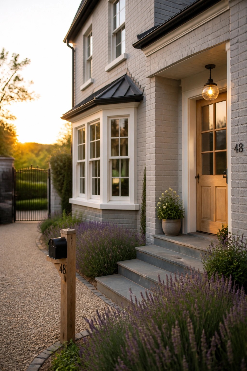A light gray brick house exterior with white trim, a wooden front door, gray stone steps, and a black mailbox post beside a gravel driveway.