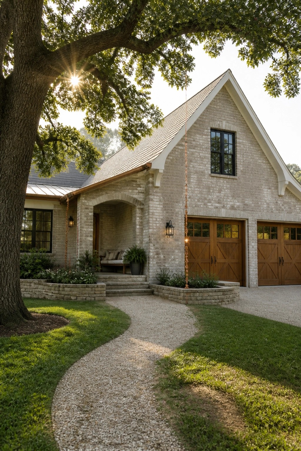 A light gray brick modern farmhouse exterior with white trim, wooden garage doors, a gravel path, and an arched entry porch.
