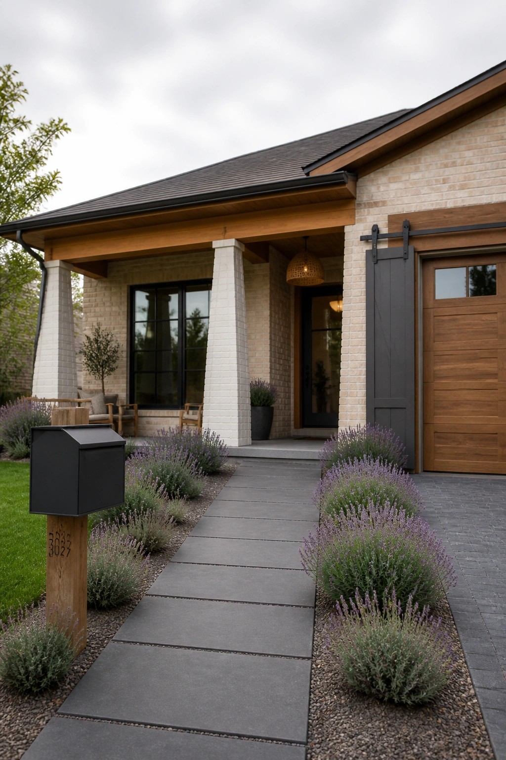 A modern farmhouse exterior with light brick walls, white brick pillars, wood ceiling beams, a dark sliding door, and a wooden garage door.