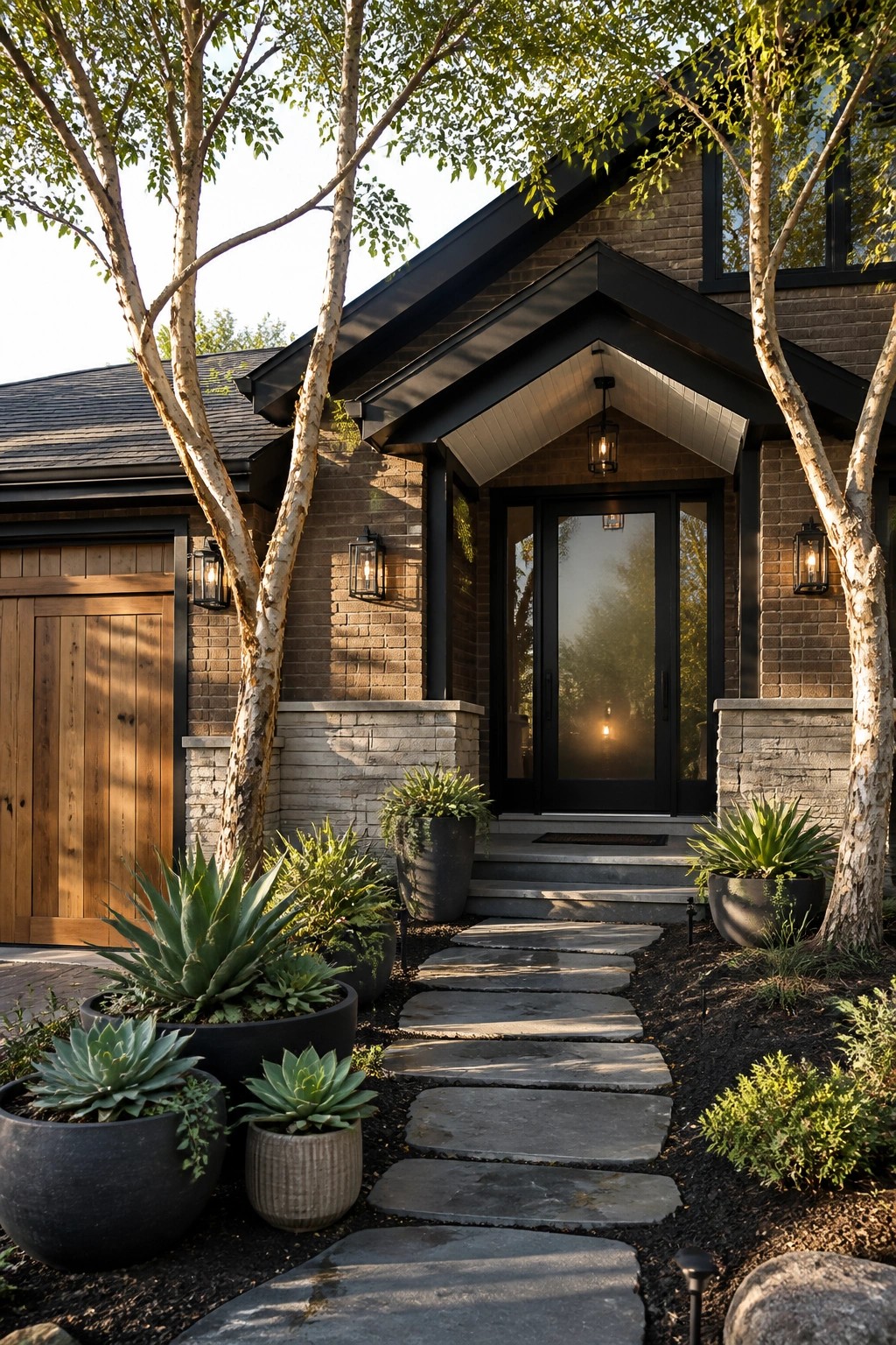 Front view of a modern farmhouse with warm brown brick, black trim around the door and windows, a gabled entry porch, and a stone pathway lined with potted plants.