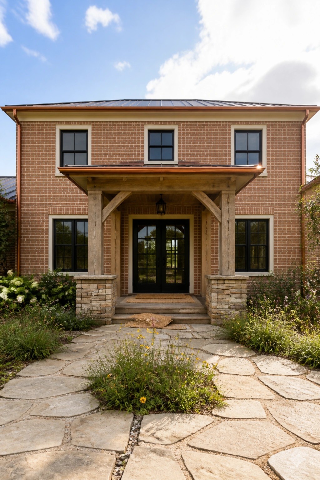 A two-story brick house with a wooden front porch supported by stone pillars, black-framed windows, and a flagstone walkway.