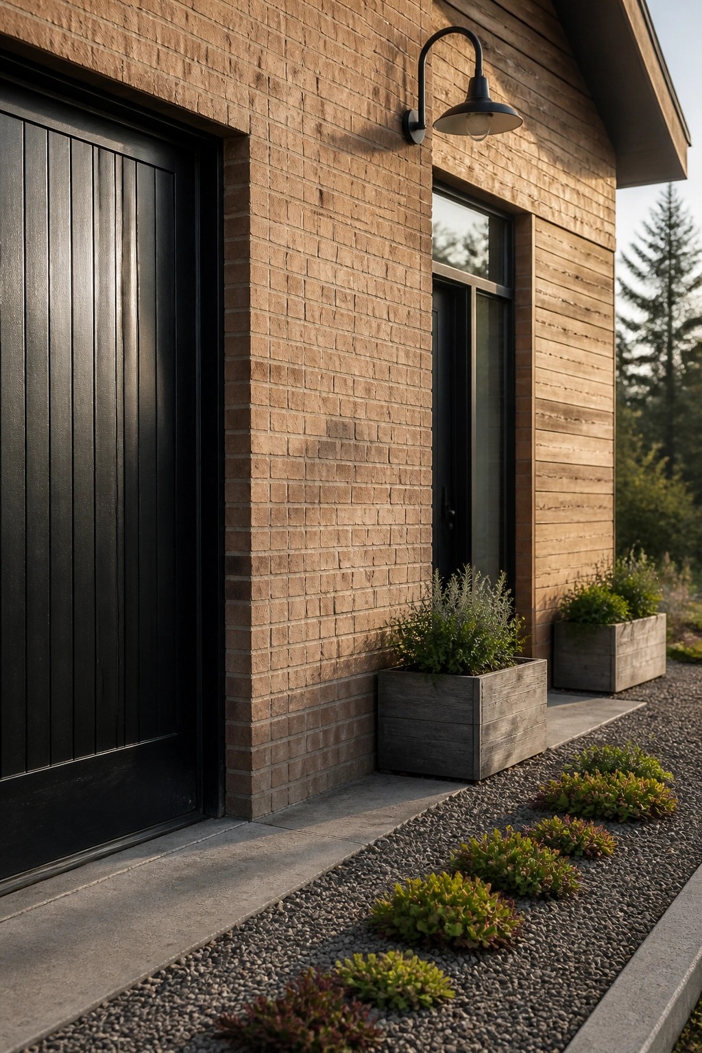 Modern farmhouse exterior showing warm brown brick wall next to light wood siding, black door and window trim, wall-mounted light, and wooden planters with low plants along a gravel edge.