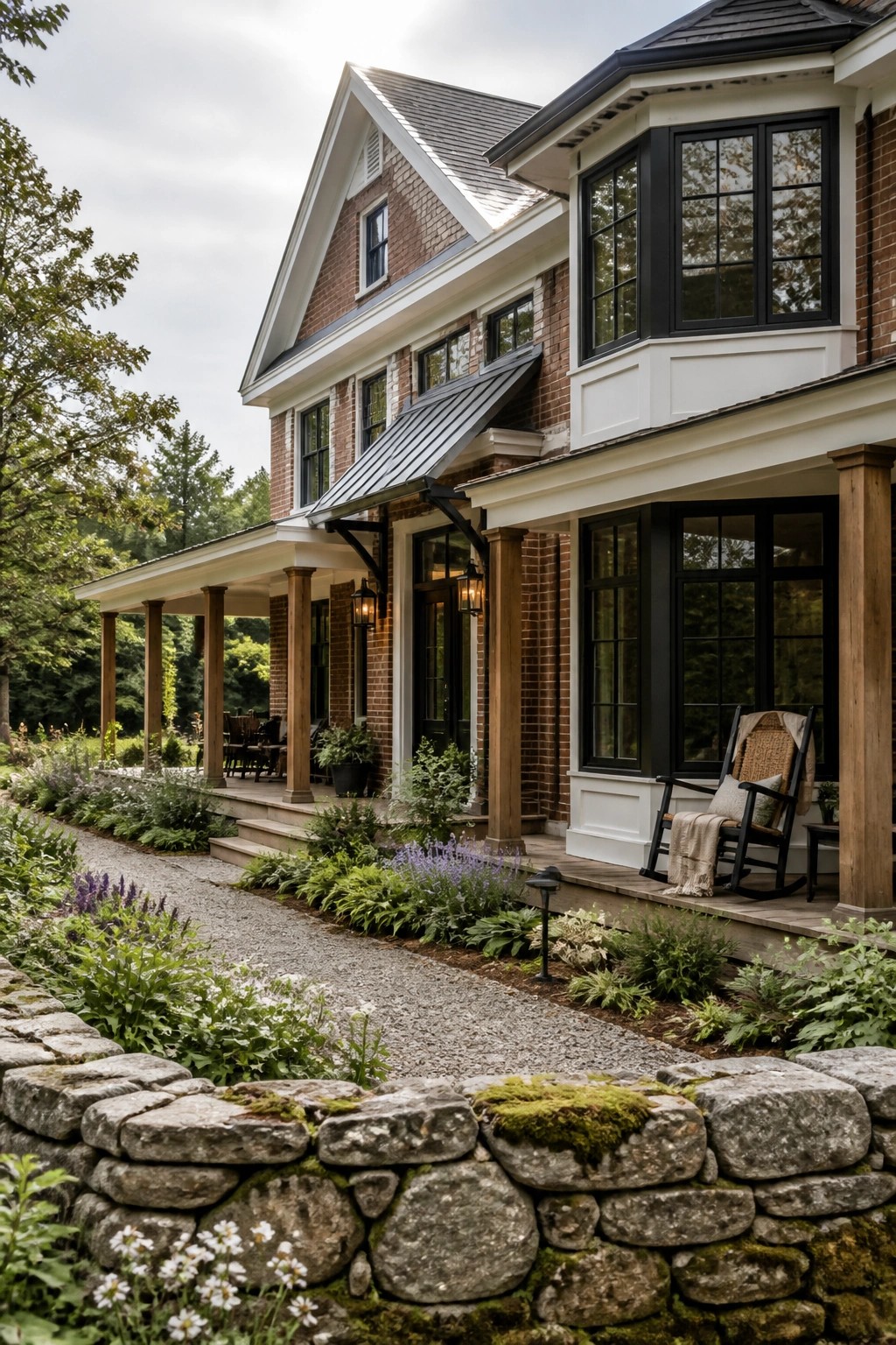 A two-story red brick house with white trim, black-framed windows, a front porch with wooden columns, and a low stone wall in the foreground.