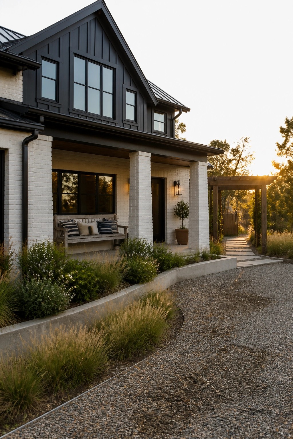A modern farmhouse with white brick walls, black trim and siding, a covered porch with a wooden bench, and a gravel driveway at sunset.