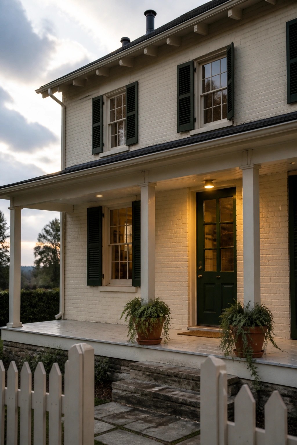 A two-story white brick house with dark green shutters, a green front door, and a white porch with potted plants at dusk.