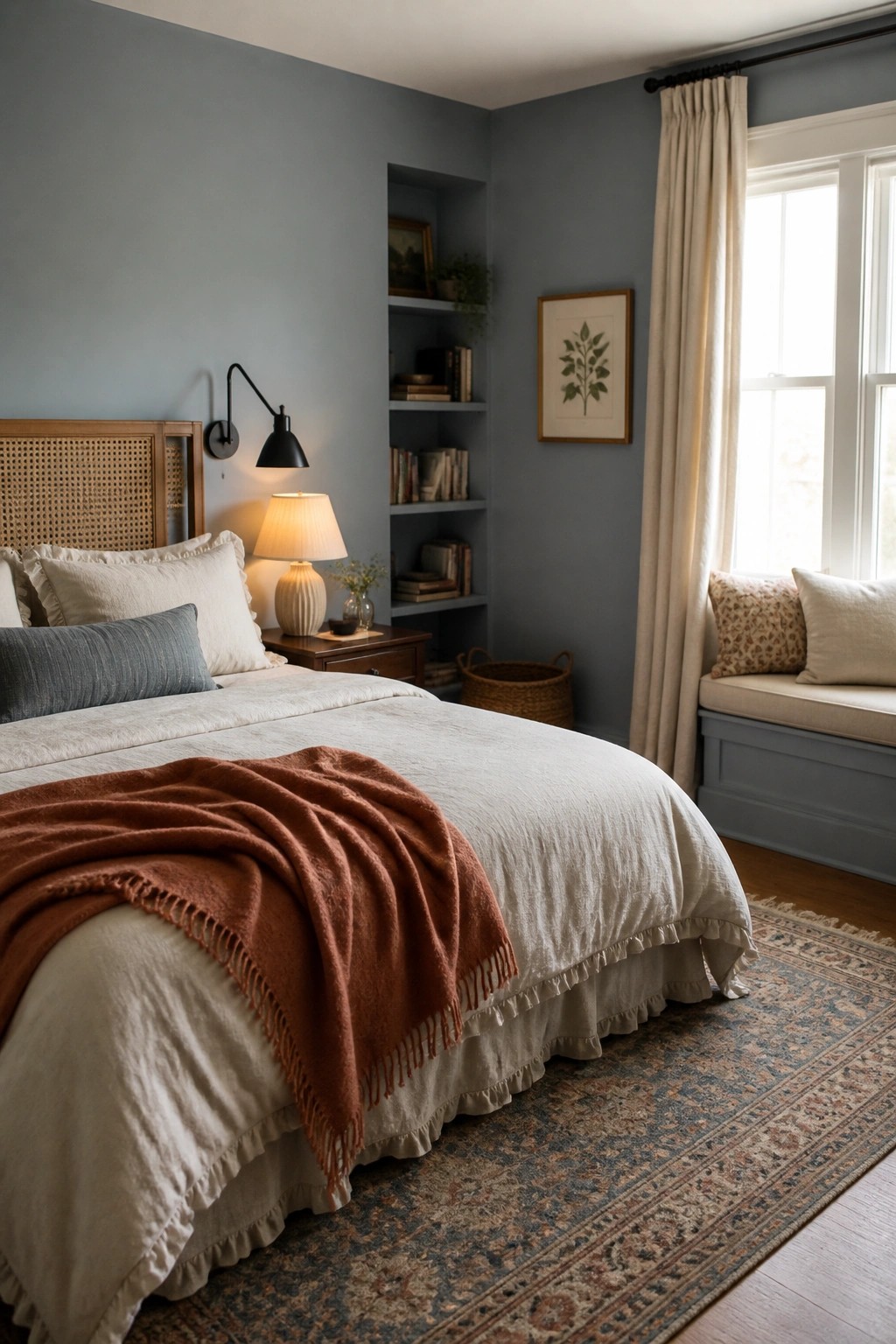 A bedroom with blue gray walls, a bed with white and rust linens, built-in bookshelves, and a window seat.