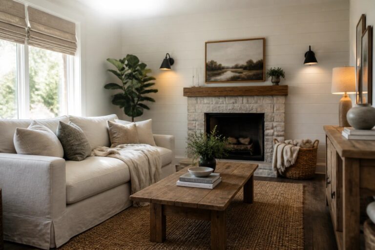 19 Modern Farmhouse Paint Colors That Brighten Everyday Living Cozy living room with white sofa, wooden coffee table, and stone fireplace