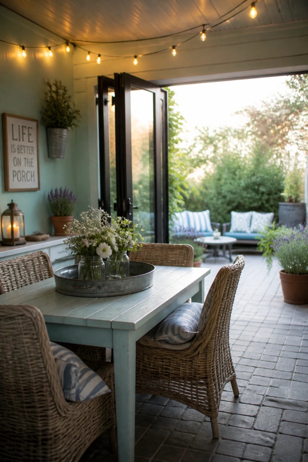 A covered porch with light blue green walls and table, wicker chairs with striped cushions, string lights overhead, and open French doors leading to an outdoor seating area.