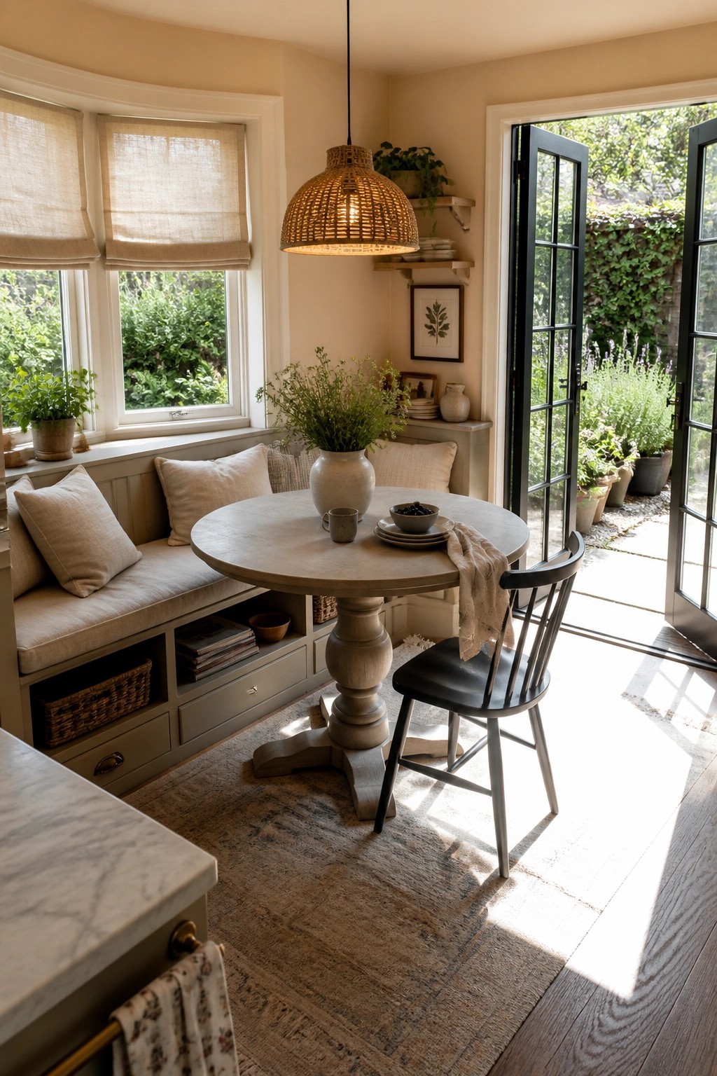 A round table sits before a built-in bench under two windows, with pale walls, an open door to a garden, and a woven light fixture overhead.