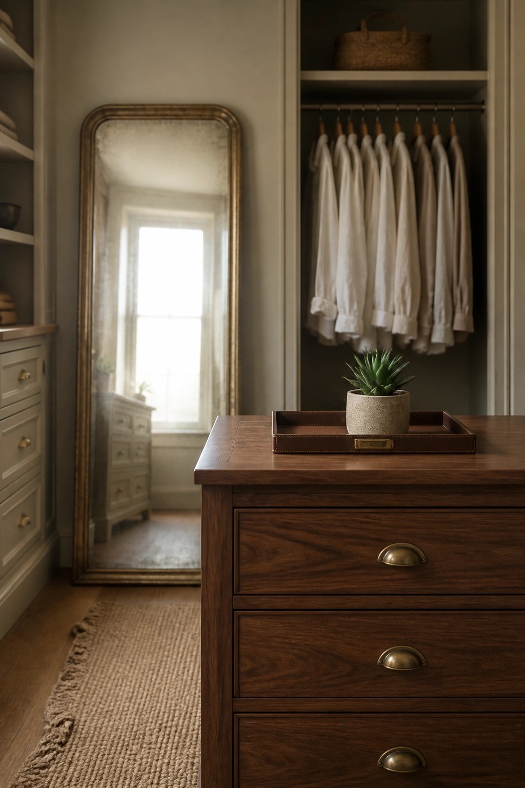 A dark wood dresser with a potted succulent on a tray stands in front of an open closet holding white shirts, beside a large gold-framed mirror reflecting a window in a room with neutral walls.