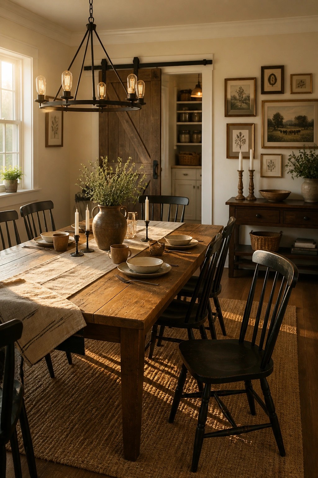 A dining room with a wooden table, black spindle chairs, a large pottery vase with greenery, and light-colored walls under a black chandelier.