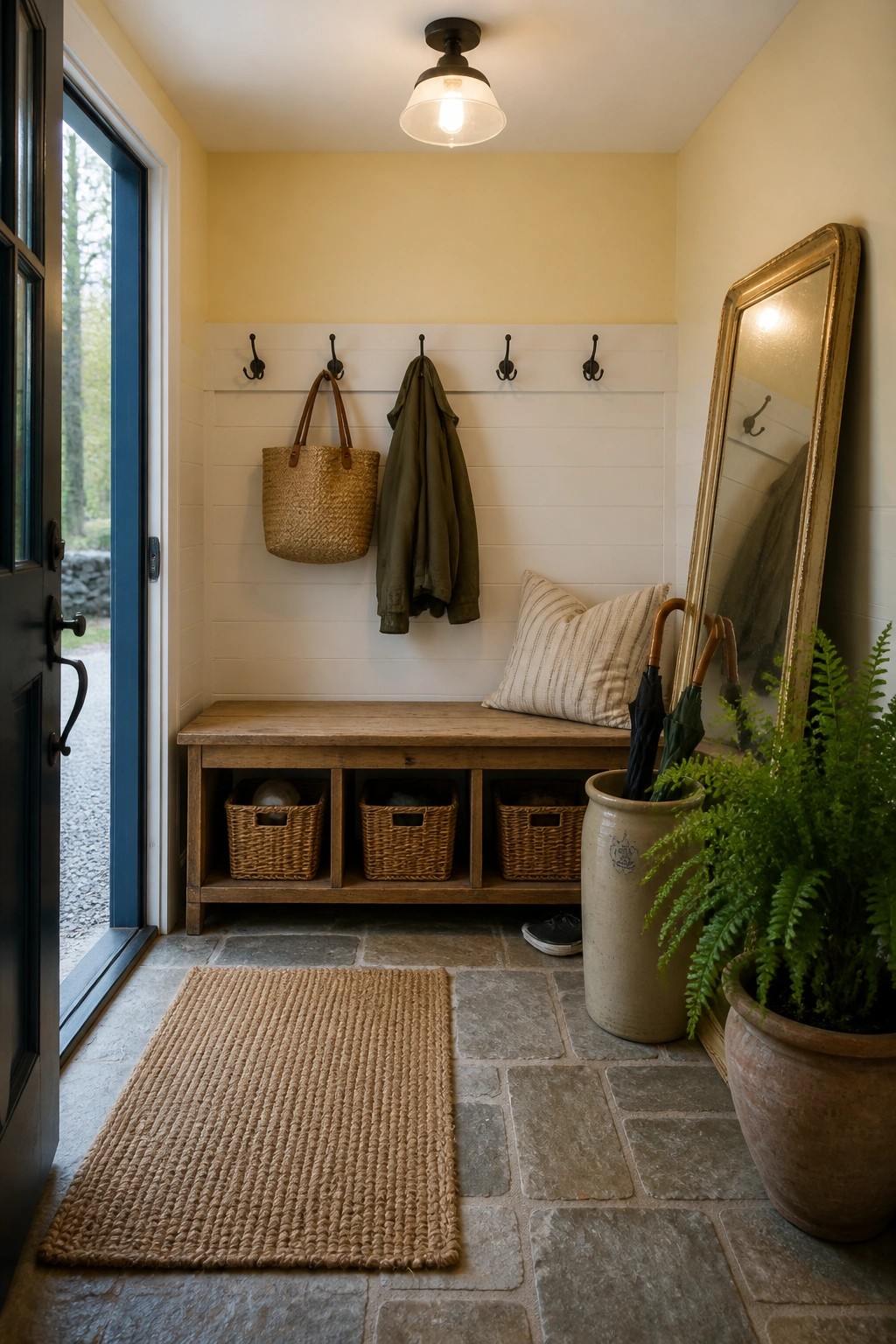 A small interior entryway with pale yellow walls, white wainscoting, a wooden bench, wall hooks, and a woven rug on stone flooring.
