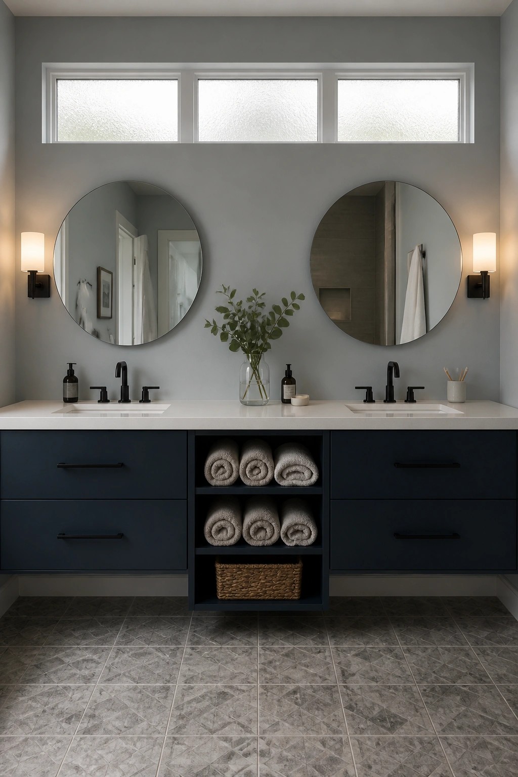 A double bathroom vanity with navy blue cabinets, white countertops, round mirrors, and light gray walls.