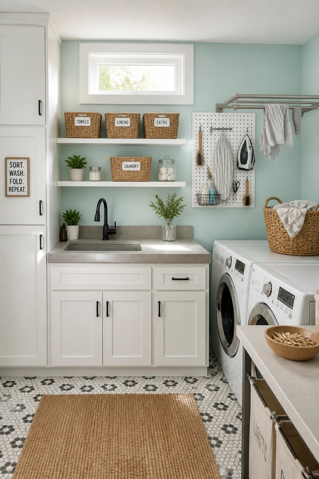 A laundry room with light blue green walls, white cabinets and shelves, a utility sink, pegboard, and two front loading washing machines.