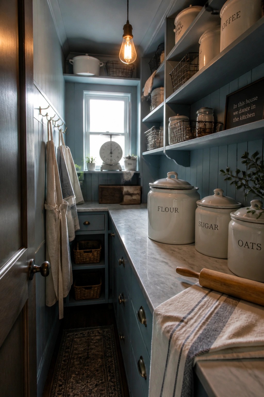 A narrow blue-painted pantry with open shelves, white labeled canisters, a marble countertop, and a window at the end.