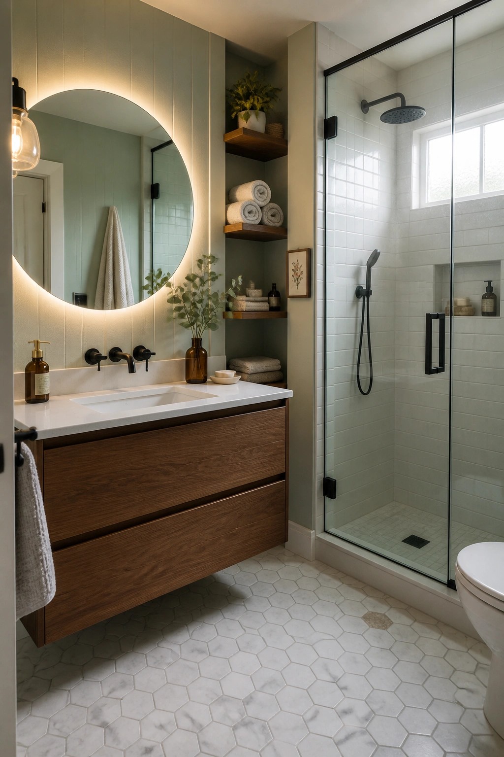 A modern farmhouse bathroom with sage green walls, a round backlit mirror above a floating wood vanity, white marble hex tile floor, and a glass-enclosed shower.