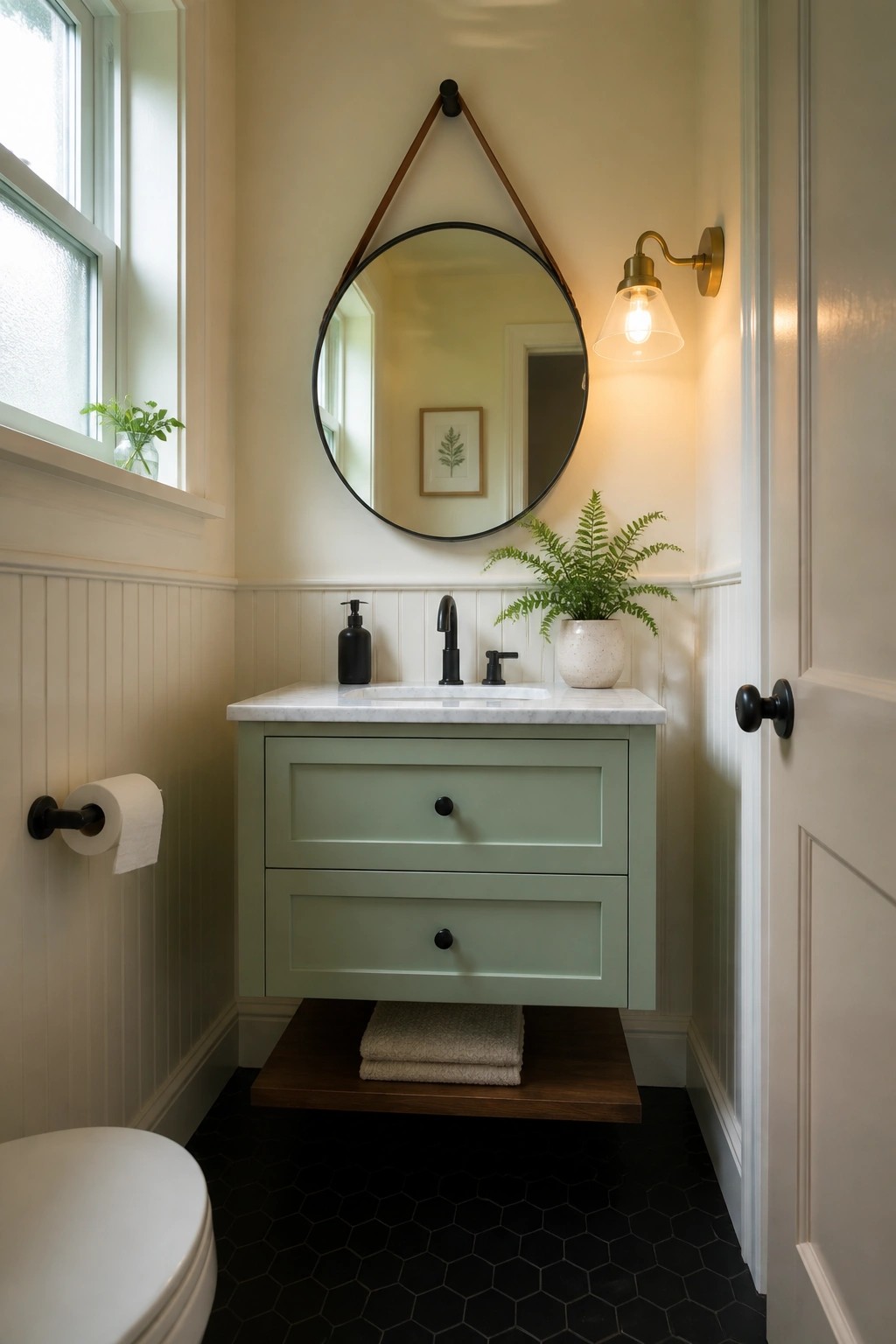 A bathroom with a light green floating vanity, round mirror on the wall, and black hexagonal floor tiles.