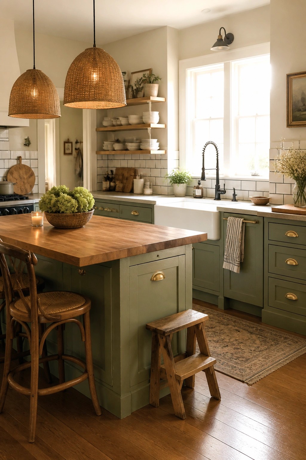 A kitchen interior featuring sage green cabinets, a wooden island with stools, a white farmhouse sink, and woven pendant lights.