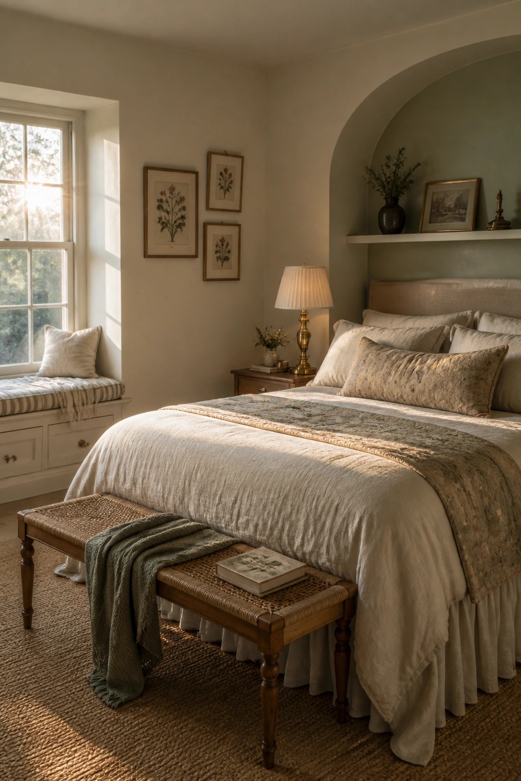 A bedroom with a large bed in neutral linens, a woven bench at the foot, framed botanical prints on the wall, and a soft green painted alcove beside the bed.