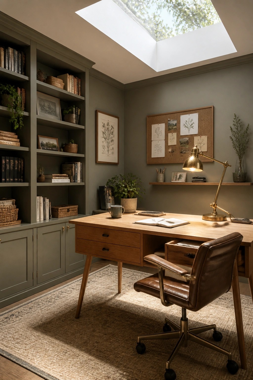 A home office featuring a wooden desk, brown leather chair, built-in sage green bookshelves, and a skylight.