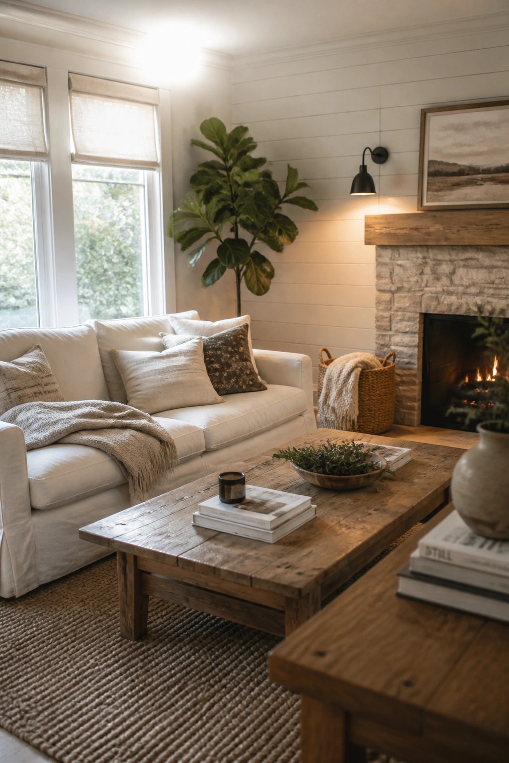 Cozy living room with white sofa, wooden coffee table, and stone fireplace