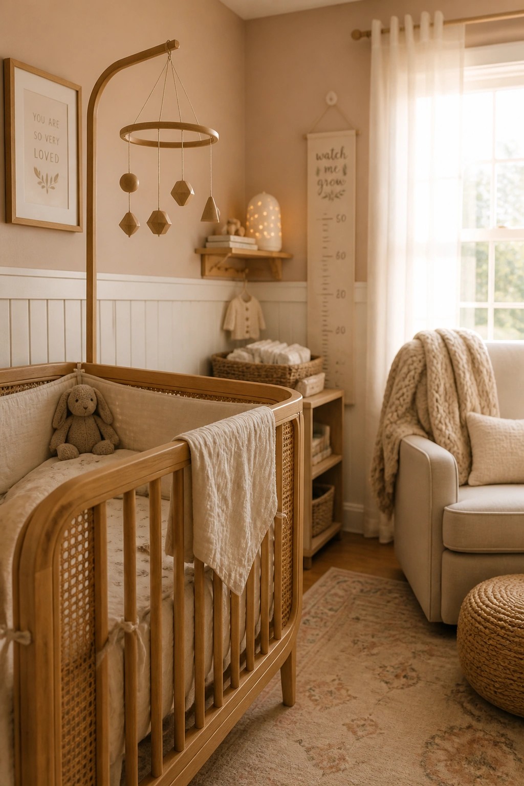 Cozy neutral nursery with wooden crib, bunny toy, hanging mobile, armchair, and growth chart.