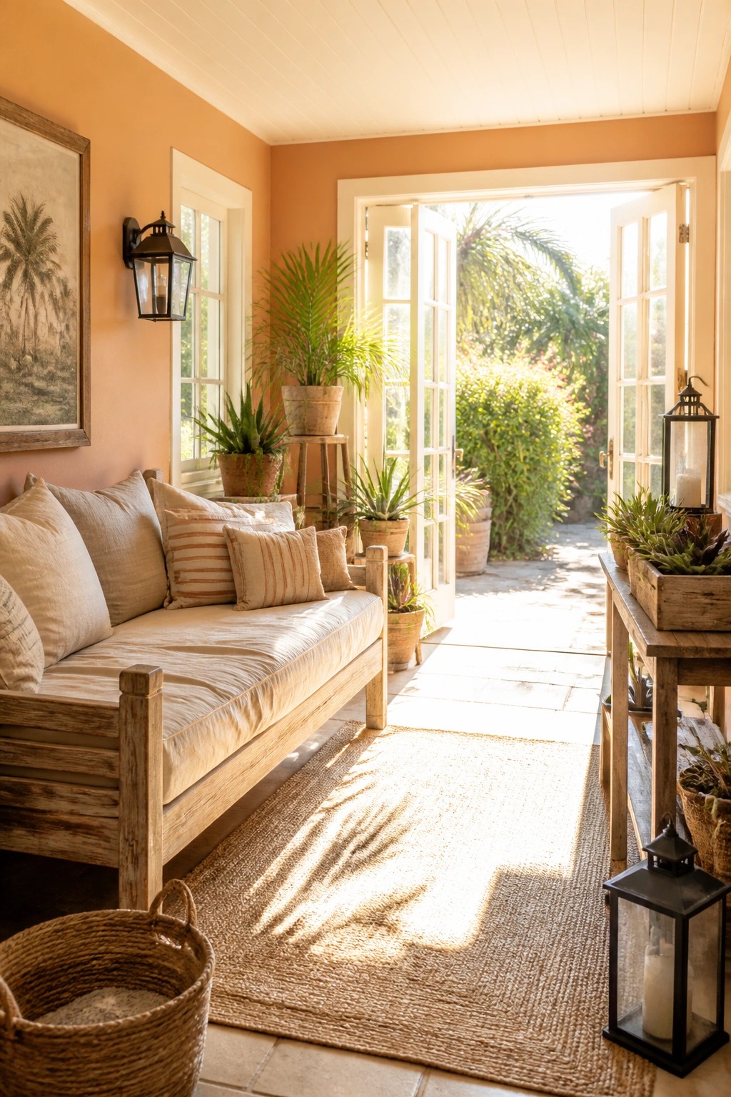 A covered porch with peach-colored walls, a wooden daybed with cushions, potted plants, woven baskets, and open French doors leading to a garden path.