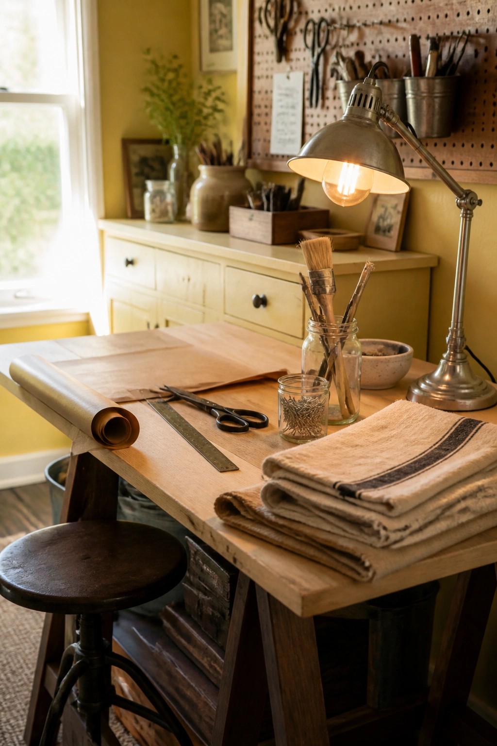 A wooden work table with tools, a lit metal lamp, and folded fabric in a room with yellow walls and a pegboard.