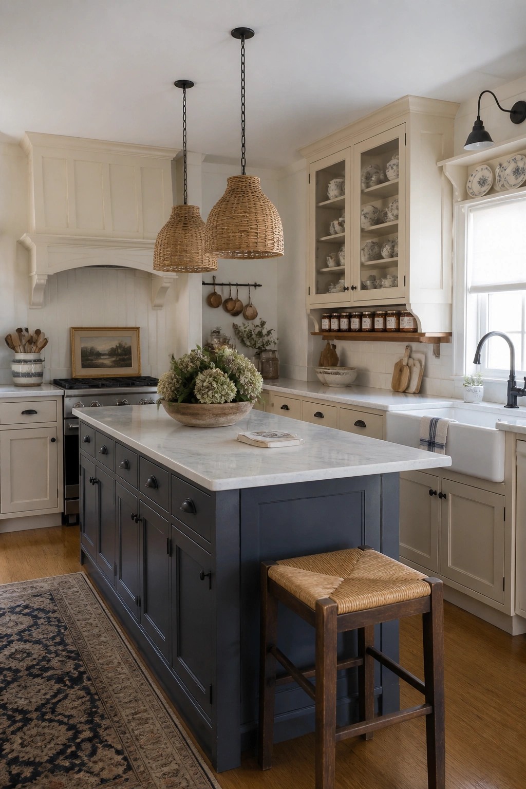 A farmhouse kitchen featuring a dark blue island with a white marble top, two woven pendant lights, and off-white cabinetry throughout the space.