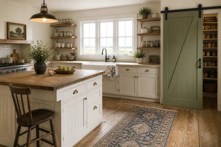 19 Rustic Farmhouse Kitchen Paint Colors That Keep the Heart of the Home Bright A rustic farmhouse kitchen featuring light-colored cabinets, a white farmhouse sink under three windows, a wooden island with a dark wood chair, and a green sliding barn door on the right.