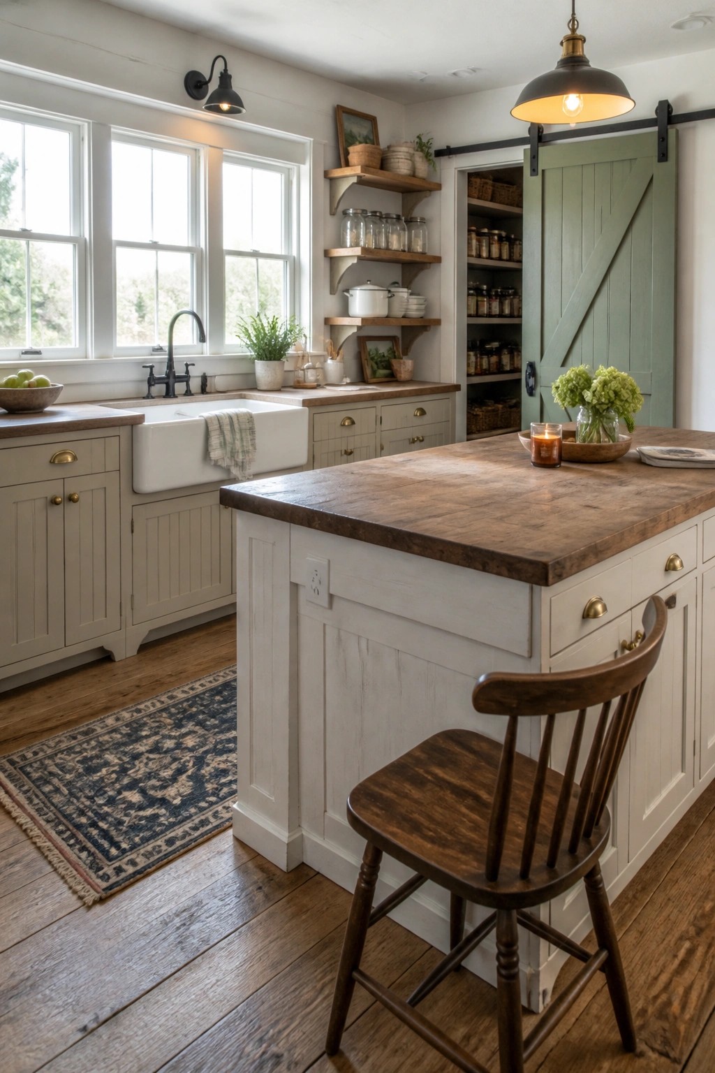 A rustic farmhouse kitchen featuring light-colored cabinets, a white farmhouse sink under three windows, a wooden island with a dark wood chair, and a green sliding barn door on the right.