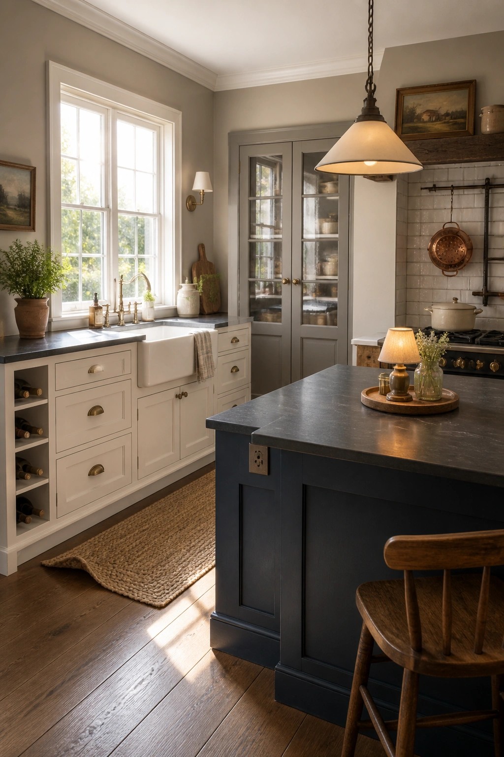 A rustic farmhouse kitchen featuring white cabinets along the walls, a dark blue island, a farmhouse sink beneath a window, and wooden flooring with a woven rug.