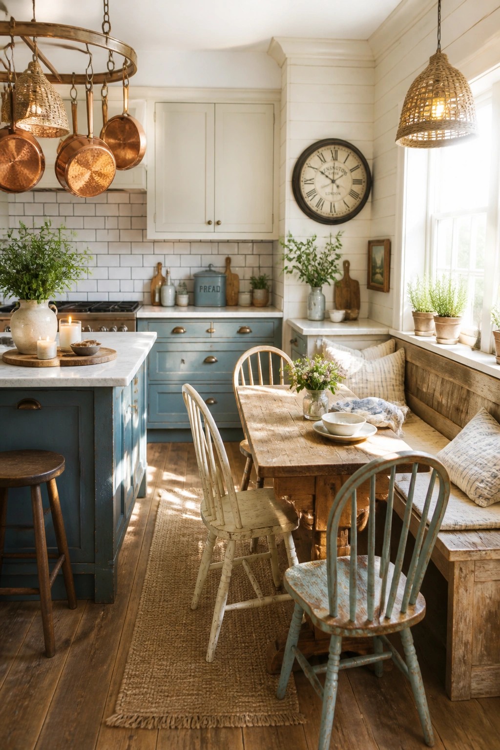 Cozy rustic kitchen with blue island, wooden table, copper pots, and woven lights.
