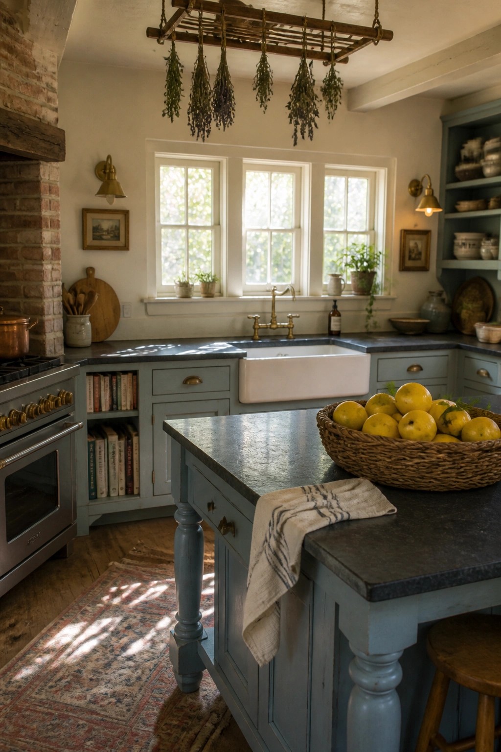 Rustic blue kitchen island with lemon basket, white sink, and hanging herbs