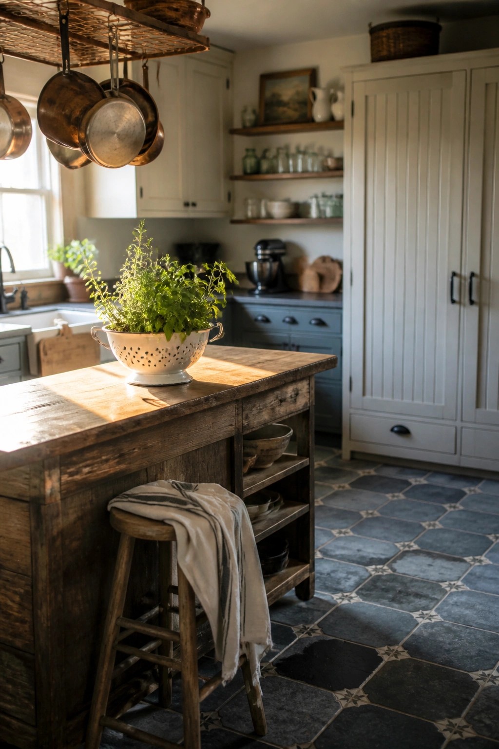 A rustic kitchen interior with white upper cabinets, blue-gray lower cabinets, a wooden island, hanging copper pans, and blue patterned tile flooring.