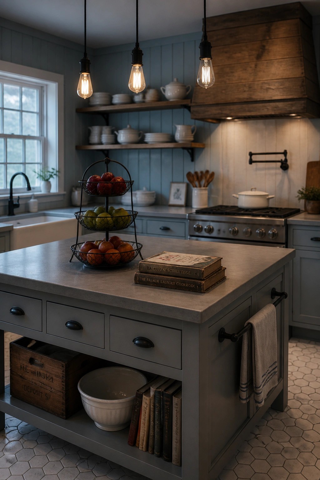 Rustic gray kitchen island with tiered fruit basket, vintage cookbooks, and pendant lights