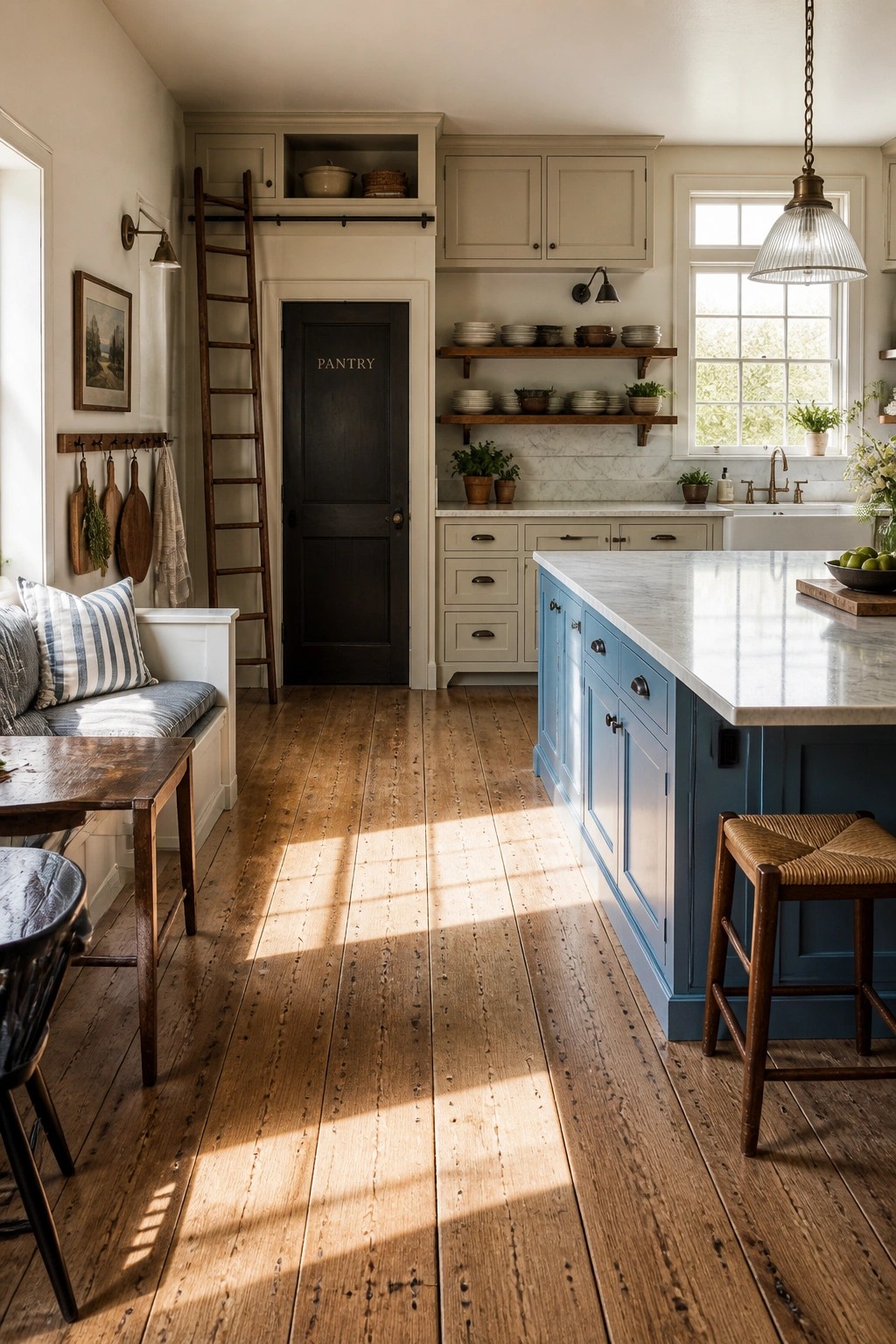 A rustic farmhouse kitchen featuring blue lower cabinets on the central island, cream upper cabinets, open wooden shelves, and a black pantry door.