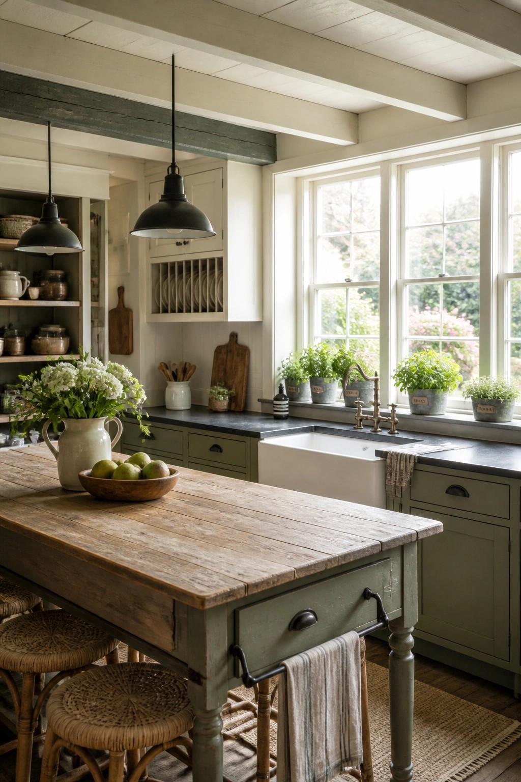 A rustic farmhouse kitchen featuring sage green lower cabinets, white upper cabinets, a weathered wood island, and large windows with potted herbs on the sill.