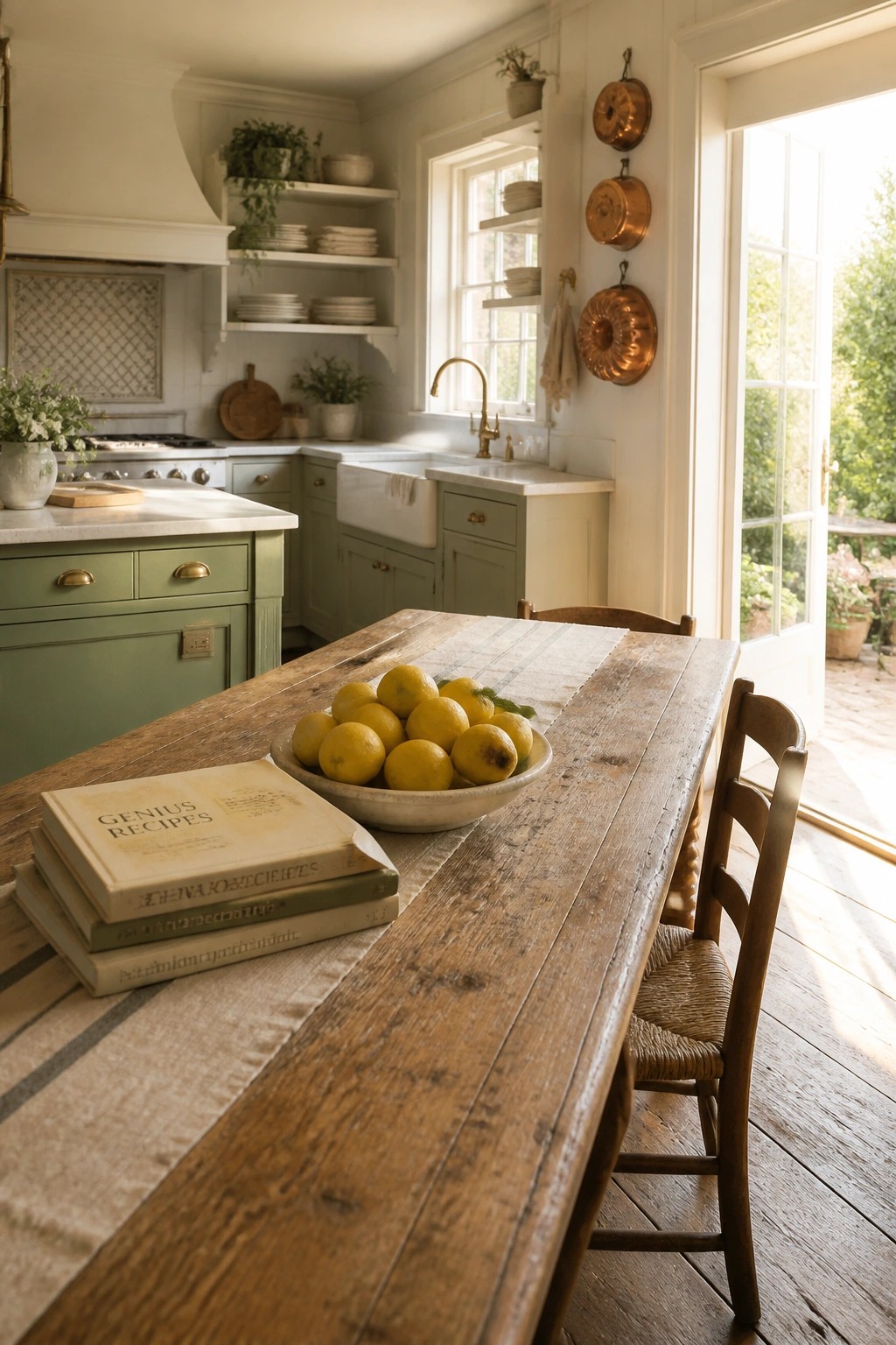 A rustic kitchen interior featuring sage green cabinets, a large wooden dining table with a bowl of lemons, open shelving, and a view to a garden through glass doors.