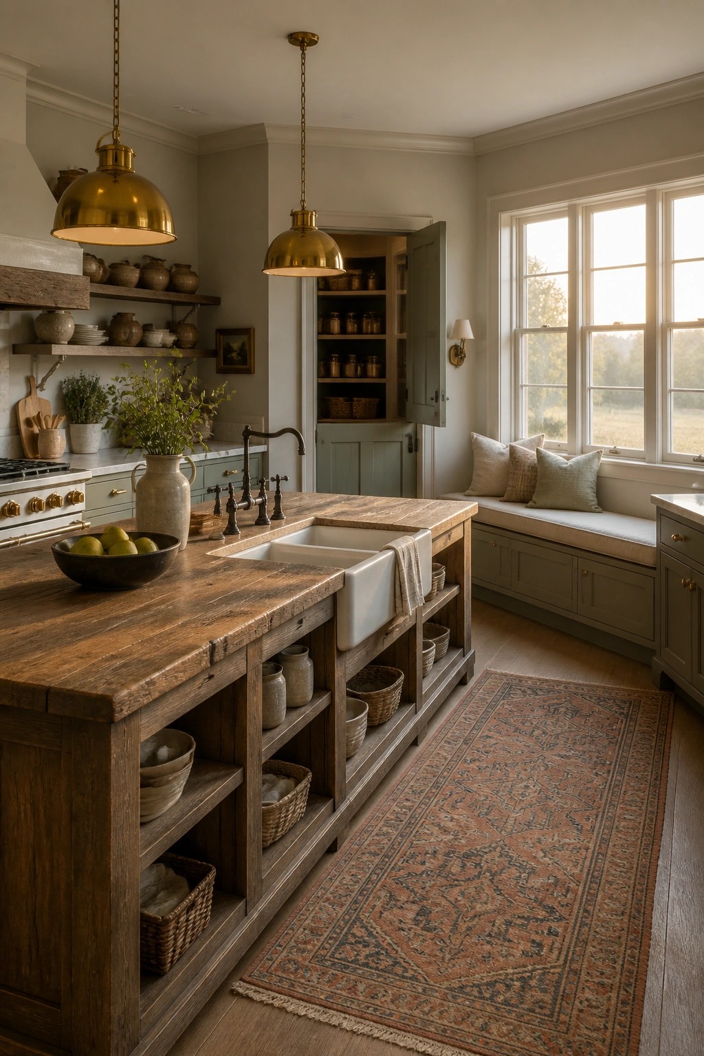 A rustic farmhouse kitchen featuring sage green cabinets, a large wooden island with a farmhouse sink, open shelving, brass pendant lights, and a window seat under large windows.