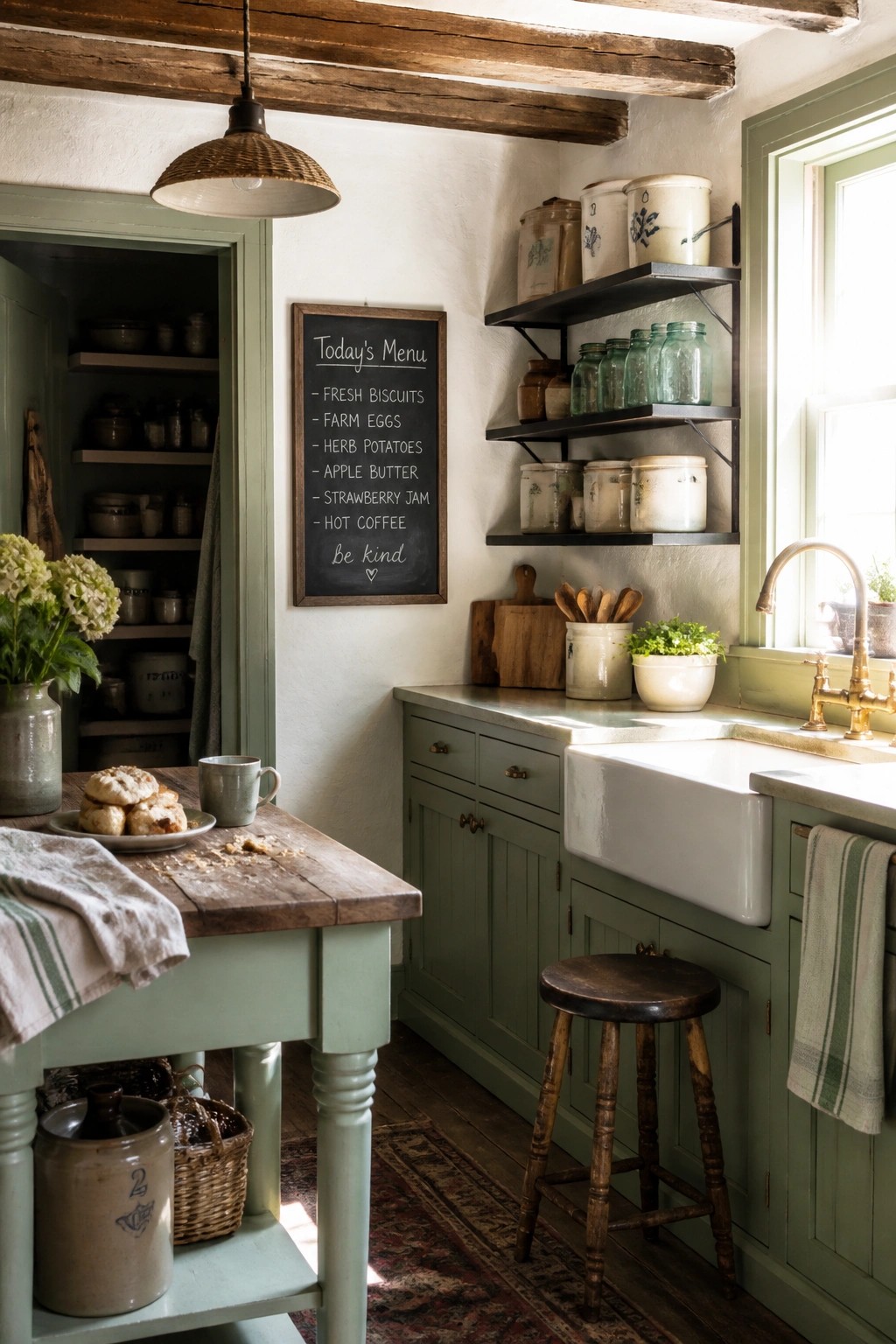 A rustic farmhouse kitchen with sage green cabinets, a white farmhouse sink, wooden shelves holding jars, and a wooden table in the foreground.